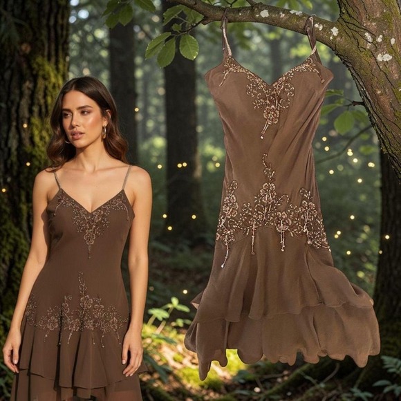 Sue Wong Dresses & Skirts - y2k vintage insane Sue Wong brown/olive mossy green brown beaded silk dress 2